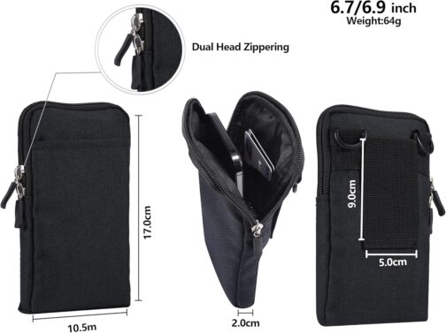 Mobile Phone Shoulder Bag Men's Black, Mobile Phone Belt Bag Men's Black, Small Mobile Phone Case for Hanging, Waterproof Zip, Men's Bag, Waist Bag, Shoulder Bag with Belt Loop Shoulder Strap, black – Bild 2