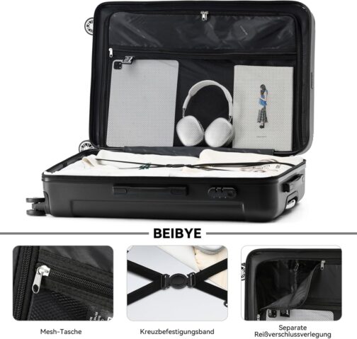 BEIBYE Hard Shell Suitcase, Trolley Suitcase, Travel Suitcase, Security Combination Lock, Twin Wheels, ABS Material, Hand Luggage, 4 Wheels (M / L / XL Set), black – Bild 5