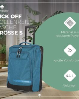 Travelite Trolley Travel Bag with Wheels, Small, Kick Off, Practical Hand Luggage, Trolley for Holidays and Sports, petrol