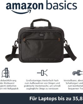 Amazon Basics 1 x Black Compact Laptop Bag Shoulder Bag Carrying Bag with Pockets for Accessories Storage for Laptops up to 14″
