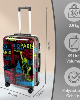 Xonic Designer Travel Suitcase – Hard Shell Case with 360° Smooth Rolling Wheels – High-Quality Trolley with Combination Lock Polycarbonate in M-L-XL or Set, Neon Cities, Hard shell case with 360°