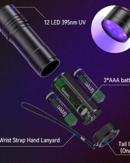 UV Torch Pack of 2 Mini UV Black Light Torch with 12 LEDs, Ultraviolet Light with 395 nm for Geocaching, Pet Urine Detectors, Pets Urine Detector etc. Includes 6 AAA Batteries