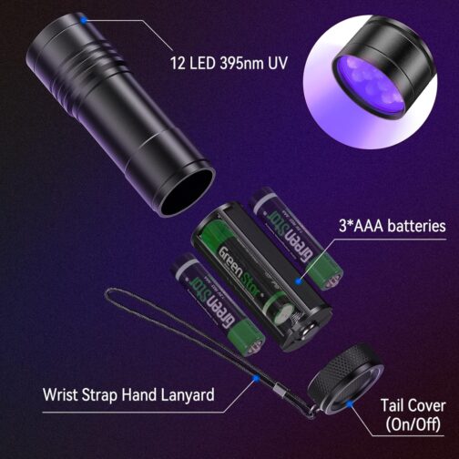 UV Torch Pack of 2 Mini UV Black Light Torch with 12 LEDs, Ultraviolet Light with 395 nm for Geocaching, Pet Urine Detectors, Pets Urine Detector etc. Includes 6 AAA Batteries – Bild 2