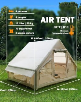 Inflatable Camping Tent with Chimney Opening and Skylight, Outdoor Tent for 2-10 People with Air Pump, Inflatable Tent Made of Waterproof Oxford Fabric for 4 Seasons, Quick Assembly Camping Tent