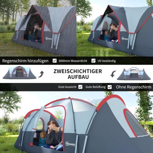 Outsunny Campingzelt für 5-6 Personen stabil wasserdicht Familienzelt mit Eingang Fenster Packtasche, Zelt mit 3000mm Wassersäule Tunnelzelt Kuppelzelt für Camping Reise Garten – Bild 3