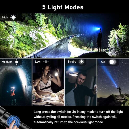 Blukar LED Rechargeable Torch, 500,000 Lumens, Extremely Bright Zoomable Tactical Torches, Strong with 5 Light Modes, IP67 Waterproof Flashlight Torch for Camping, Hiking, Outdoor, Fishing, Emergency – Bild 4