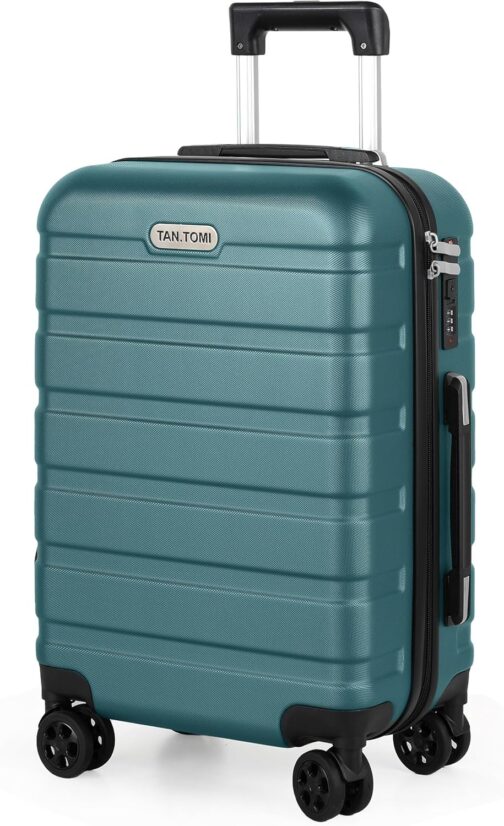 TANTOMI Large Suitcase, Travel Suitcase, Hard Case, Suitcase & Trolley, Hand Luggage with Password Lock, Hard Shell Suitcase with 4 Wheels, Light Dark Green, M (20 inches)