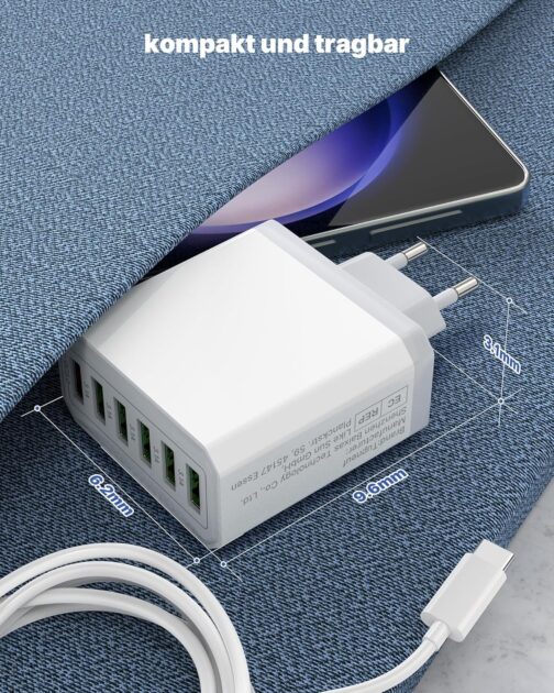 USB Charger, 6 Ports Charging Adapter, 33 W Adapter Charging Plug with QC 3.0 Quick Charger, Multiple, USB Plug Power Supply for iPhone 16 15 14 13 12 11 Pro Max, iPad, Mobile Phone Socket Charger – Bild 7