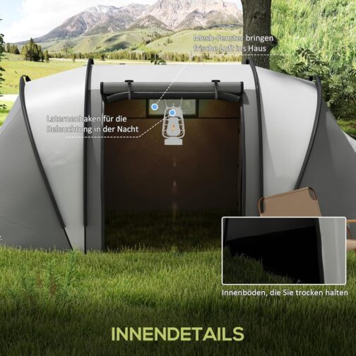 Outsunny Camping Tent for 4-5 People Lightweight Water-Repellent Family Tent with 3 Room Side Door Window, Tent with 3000 mm Water Column Tunnel Tent Dome Tent for Camping Travel Garden – Bild 5