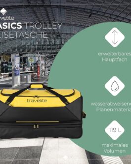 Travelite Basics Wheeled Travel Bag Made of Water-Repellent Material, 70 cm / 119 Litres (including Volume Extension), yellow, Wheeled travel bag made of water-repellent material