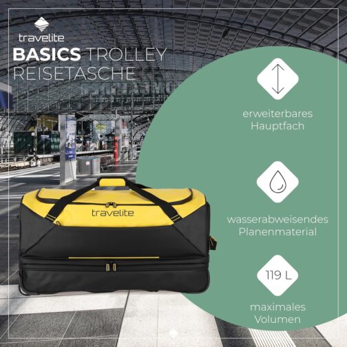 Travelite Basics Wheeled Travel Bag Made of Water-Repellent Material, 70 cm / 119 Litres (including Volume Extension), yellow, Wheeled travel bag made of water-repellent material – Bild 2