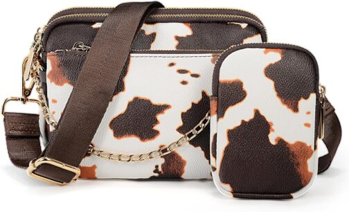 UTO Women's 3-in-1 Crossbody Bag, Wide Strap with Coin Bag, Handbag with Removable Chain, Shoulder Bag with Removable Adjustable Shoulder Strap, Small Bag, Leather, Stylish