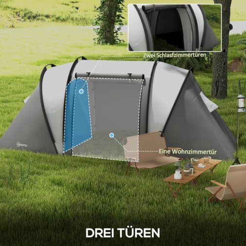 Outsunny Camping Tent for 4-5 People Lightweight Water-Repellent Family Tent with 3 Room Side Door Window, Tent with 3000 mm Water Column Tunnel Tent Dome Tent for Camping Travel Garden – Bild 4