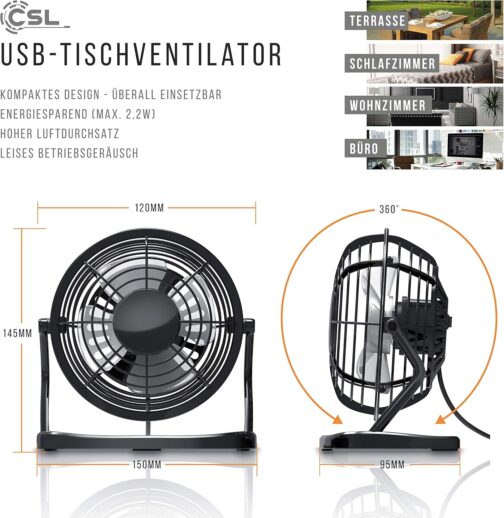 CSL - USB fan | Table fan / fan / fan | ideal for the desktop incl. On/off switch. PC / MAC / laptop | in black – Bild 4