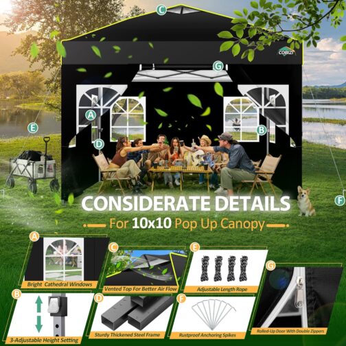 COBIZI Gazebo 3 x 3 m Waterproof Stable Winterproof Folding Gazebo Party Tent Garden Gazebo Pop Up Gazebo Folding Tent with 4 Side Ventilation Openings, Sandbag for Market, Outdoor Event, Black – Bild 3