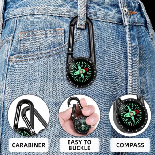 Compass with Carabiner Hook, Compass Carabiner Mini Compas Outdoor Compass Key Fob Pocket Compass Children Nautical Compas Mini Compass Keyring for Camping Hiking Accessories, Black – Bild 2