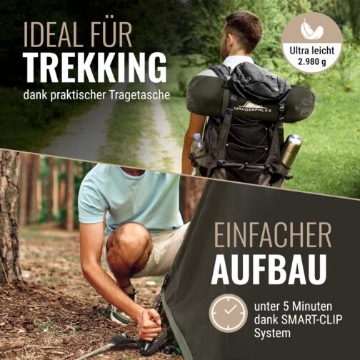 WANDERFALKE® Zelt 2-4 Personen wasserdicht 4.000mm, Ultraleicht & kleines Packmaß, Campingzelt mit Vorzelt, Familienzelt, Outdoor Zelte für Camping, Reise, Angeln, für warme & kalte Tage – Bild 6