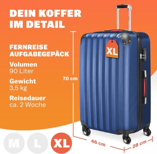 Monzana® 3-Piece Suitcase Set Baseline Hard Shell Suitcase M-L-XL Gel Handles 4 Wheels Edge Protection Lock Feet ABS Trolley Trolley Travel Suitcase Set, blue, Suitcase – Bild 2