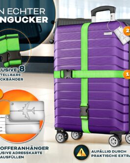 tillvex® Travel Suitcase Set 4 Pieces + Luggage Scale, 8 x Suitcase Straps and 4 x Luggage Tags Suitcase Set 4 Wheels Trolley Luggage Suitcase TSA Lock Rolling Suitcase Hard Case Set S-M-L-XL, purple