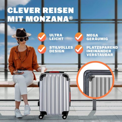 Monzana® 3-Piece Suitcase Set Baseline Hard Shell Suitcase M-L-XL Gel Handles 4 Wheels Edge Protection Lock Feet ABS Trolley Trolley Travel Suitcase Set, silver, Suitcase – Bild 3