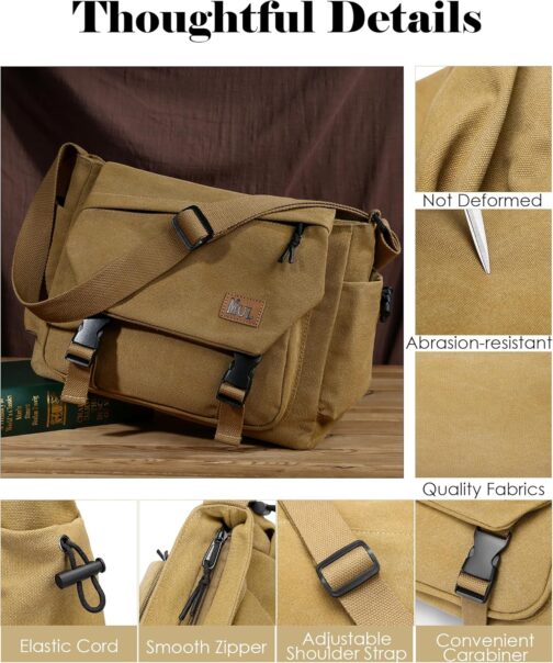 ibalulu Men's Shoulder Bag, Robust Canvas Messenger Bag with Multiple Pockets and Adjustable Strap, Vintage Crossbody Bag, Hobo Work Bag, Unisex Shoulder Bag for Work, Travel, Everyday Use, khaki – Bild 6