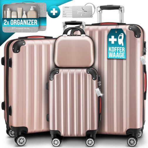 Monzana® Baseline Set of 4 Suitcases, Rose Gold, Vanity Case/M/L/XL, Gel Handles, Combination Lock, Travel Suitcase, Trolley Suitcase Set, Rolling Case