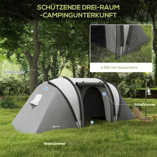 Outsunny Camping Tent for 4-5 People Lightweight Water-Repellent Family Tent with 3 Room Side Door Window, Tent with 3000 mm Water Column Tunnel Tent Dome Tent for Camping Travel Garden – Bild 3