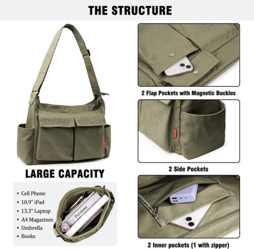 Captain Blues Canvas Messenger Bag Shoulder Bag Crossbody Shoulder Tote Hobo Bag for Women and Men - Large Bag with Multiple Compartments – Bild 4