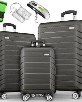 tillvex® Travel Suitcase Set 3-Piece + Luggage Scale, 6 x Suitcase Straps and 3 x Luggage Tags Suitcase Set 4 Wheels Trolley Luggage Suitcase TSA Lock Rolling Suitcase Hard Case Set S-M-L-XL, grey