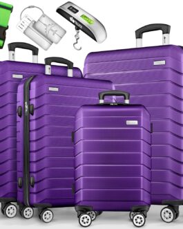 tillvex® Travel Suitcase Set 4 Pieces + Luggage Scale, 8 x Suitcase Straps and 4 x Luggage Tags Suitcase Set 4 Wheels Trolley Luggage Suitcase TSA Lock Rolling Suitcase Hard Case Set S-M-L-XL, purple