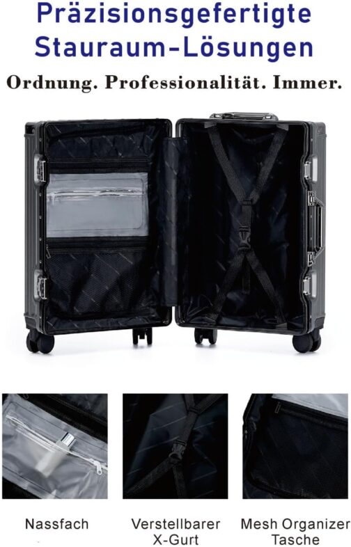 yuweijie Aluminium Frame Hand Luggage Suitcase with 4 Wheels · Hard Shells in 100% PC with Drink Holder · Travel Suitcase TSA Lock · Trolley for Business Trips, gray, M, Aluminium hard shell trolley – Bild 2