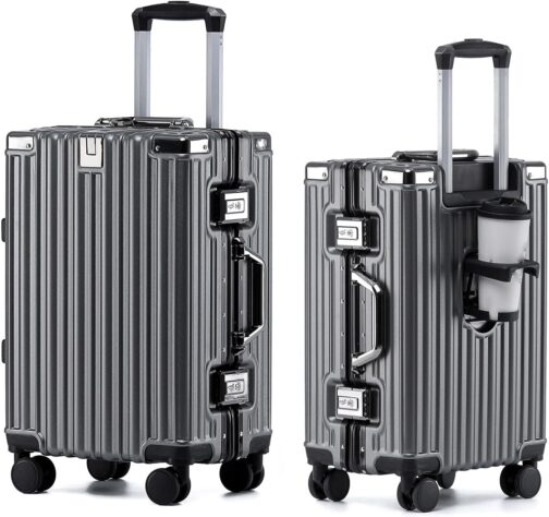 yuweijie Aluminium Frame Hand Luggage Suitcase with 4 Wheels · Hard Shells in 100% PC with Drink Holder · Travel Suitcase TSA Lock · Trolley for Business Trips, gray, M, Aluminium hard shell trolley
