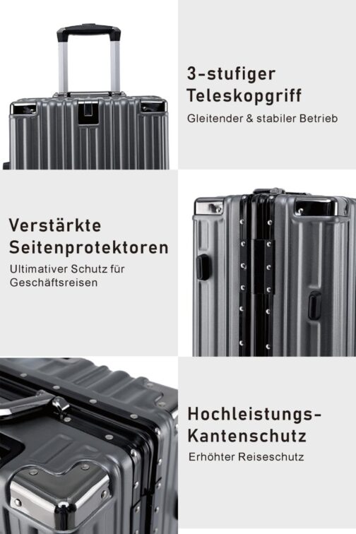 yuweijie Aluminium Frame Hand Luggage Suitcase with 4 Wheels · Hard Shells in 100% PC with Drink Holder · Travel Suitcase TSA Lock · Trolley for Business Trips, gray, M, Aluminium hard shell trolley – Bild 3