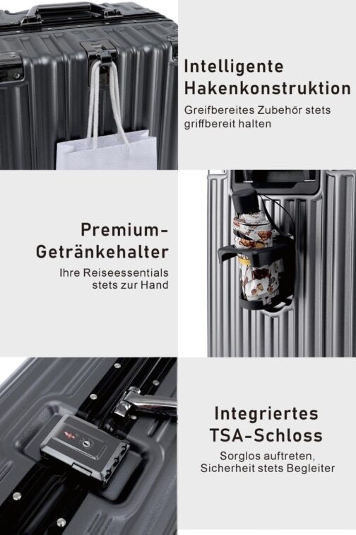 yuweijie Aluminium Frame Hand Luggage Suitcase with 4 Wheels · Hard Shells in 100% PC with Drink Holder · Travel Suitcase TSA Lock · Trolley for Business Trips, gray, M, Aluminium hard shell trolley – Bild 4
