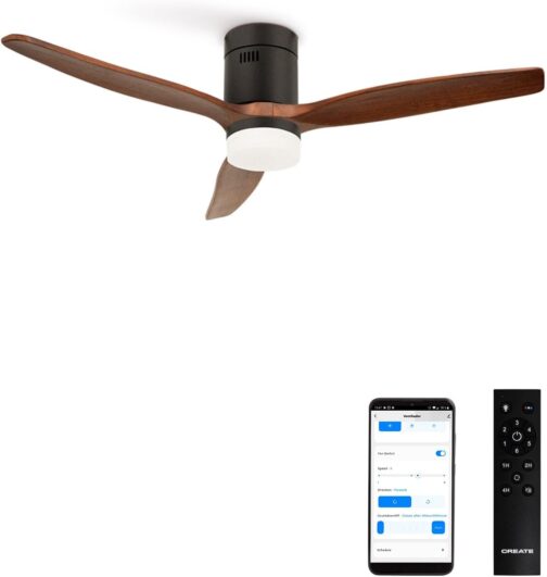 CREATE / Windcalm / Ceiling Fan with Lighting and Remote Control, Black Base with Dark Wood Blades / 40 W, Wi-Fi, Quiet, Diameter 132 cm, 6 Speeds, Timer, DC Motor, Summer and Winter Operations