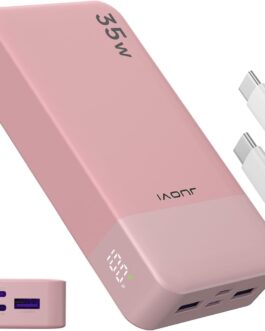 JUOVI J2651 Power Bank, 35 W 20000 mAh USB C In & Out Power Bank, Battery Pack with QC3.0 + PD3.0 35 W High-Speed Charging for Bluetooth Earbud, Mobile Phone, Tablet (Pink)