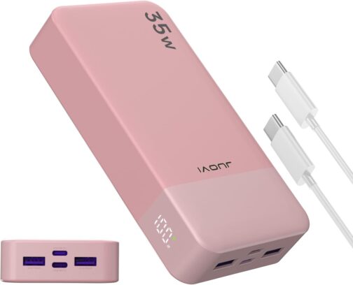 JUOVI J2651 Power Bank, 35 W 20000 mAh USB C In & Out Power Bank, Battery Pack with QC3.0 + PD3.0 35 W High-Speed Charging for Bluetooth Earbud, Mobile Phone, Tablet (Pink)