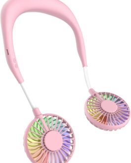 Portable Fan, Mini USB Fan Hands, Rechargeable, Neck Band / Desk Fan, 3 Speeds, LED Light, pink