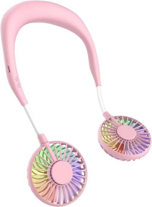 Portable Fan, Mini USB Fan Hands, Rechargeable, Neck Band / Desk Fan, 3 Speeds, LED Light, pink