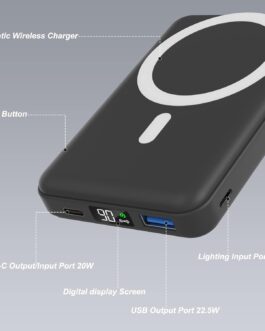 AOGUERBE Wireless Power Bank, 10000mAh Faltbarer Magnetische Powerbank Mini PD 22,5W Schnellladen mit LED Display, Kompatibel mit MagSafe für iPhone 16/15/14/13/12 Plus/Mini/Pro/Pro Max (Schwarz)