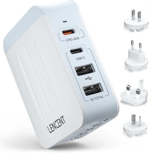 LENCENT Universal Travel Adapter, 45W Multiple USB Charger, International Adapter with 2 PD Type C + 2 USB Ports, Worldwide Travel Plug for Type A/C/G/I (USA/UK/EU/AUS) Sockets, White