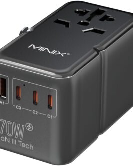 MINIX 170 W Travel Adapter Worldwide, GaN III Travel Adapter with 3 USB-C & 1 USB-A Ports, International Power Adapter, AC Outlet, Compatible with US/UK/EU/AU for Laptops, Tablets, Phones, Cameras