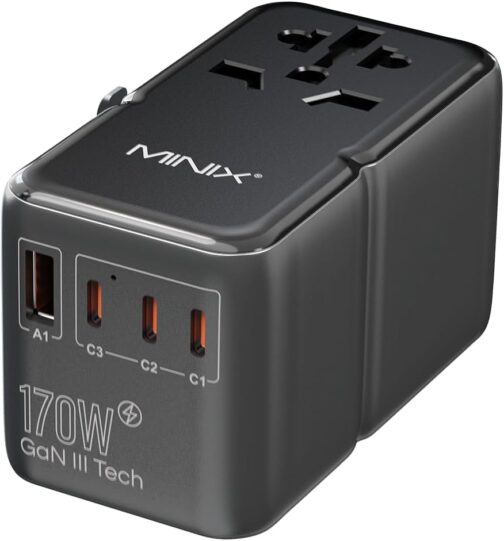 MINIX 170 W Travel Adapter Worldwide, GaN III Travel Adapter with 3 USB-C & 1 USB-A Ports, International Power Adapter, AC Outlet, Compatible with US/UK/EU/AU for Laptops, Tablets, Phones, Cameras
