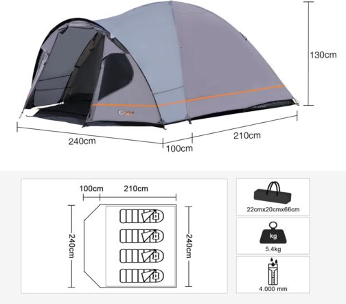 Portal Zelt 3-4 Perosonen Camping wasserdicht 4000mm Kuppelzelt mit Vorzelt Familienzelt Festivalzelt für Camping Reise Trekking Garten – Bild 4