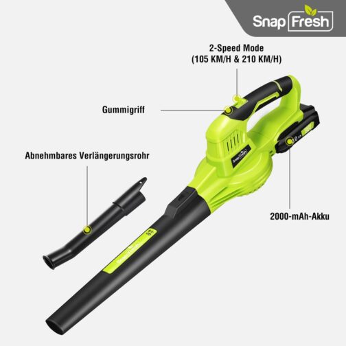 SnapFresh Leaf Blower Cordless Leaf Blower 20 V 210 km/h 240 m³/h / 2 Air Speed / with Battery and Charger / Lightweight Compact 1.2 kg for Garden Yard Lawn Care (Green) – Bild 7
