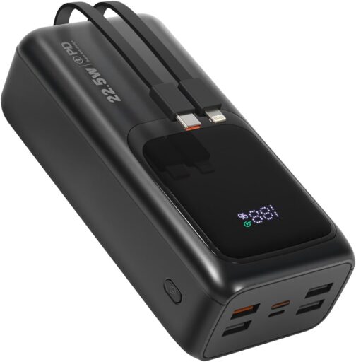 Outdoor Camping Power Bank 60000 mAh Power Bank with Large Capacity 22.5 W/PD20 W with Built-in Cable External Mobile Phone Batteries with Quick Charge Function for Smartphones, Tablets etc. (Black)