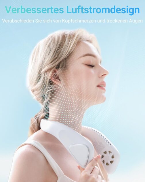 Jialexin Portable Neck Fan, Neck Fan, Rechargeable with 6000 mAh, Personal Fan with 3 Speeds, Leafless Fan for Sports, Travel, Outdoor, Indoor, Gift (White) – Bild 4