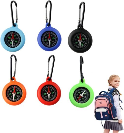 WRQIOO Pack of 6 Children's Compass, Multi-Colour Children's Mini Compass, Compass Children Outdoor, Mini Survival Compass with Portable Carabiner Hook for Outdoor Guide Children's Gifts