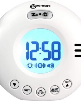 Geemarc Wake ‚N‘ Shake Voyager Travel Alarm Clock with Strong 75 dB Alarm, Flash Light and Integrated Vibration Alarm for People with Deep Sleep – Battery Operated – White