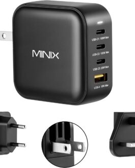 MINIX NEO P3 100W USB C Charger 4-Port GaN Wall Charger, 3 x USB-C Port Fast Charging Adapter (Max 100W/20W), 1 USB-A (Max 18W). Compatible with MacBook Pro Air, iPad Pro, iPhone 13, 12, Galaxy S9